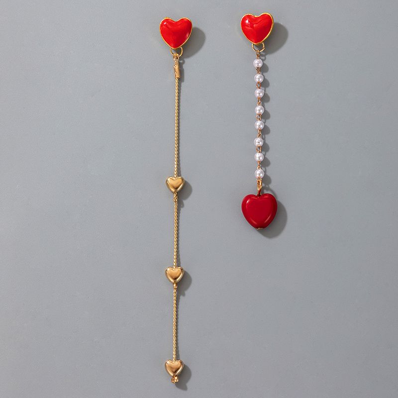 Korea Sweet Peach Heart Pearl Tassel Asymmetric Earrings