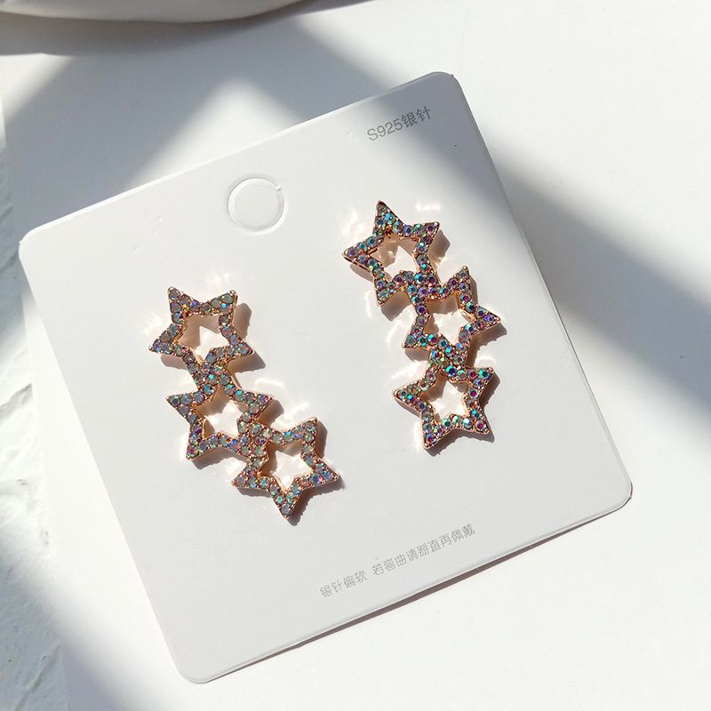 Pendientes De Diamantes De Color Estrella Hueca De Cinco Puntas De Corea