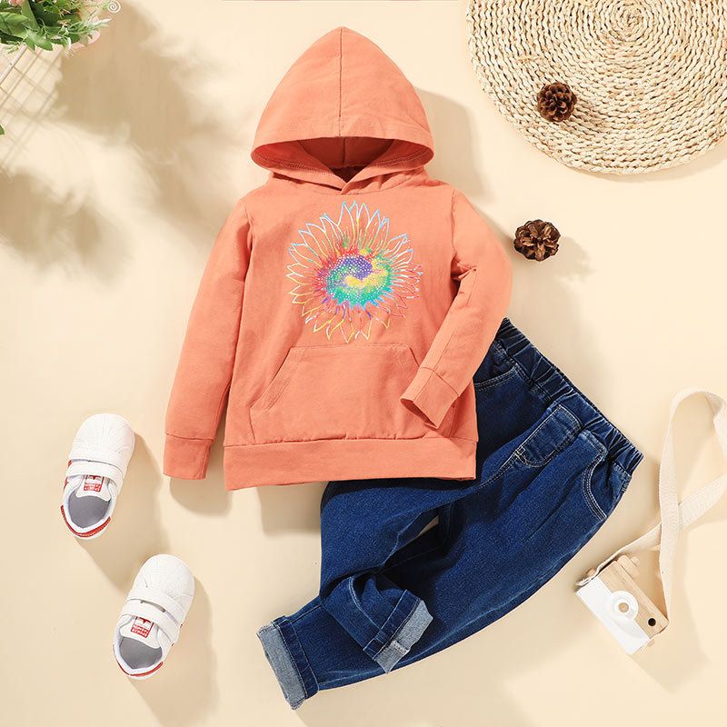 Children's Printing Hooded Sweater Jeans Two-piece Suit