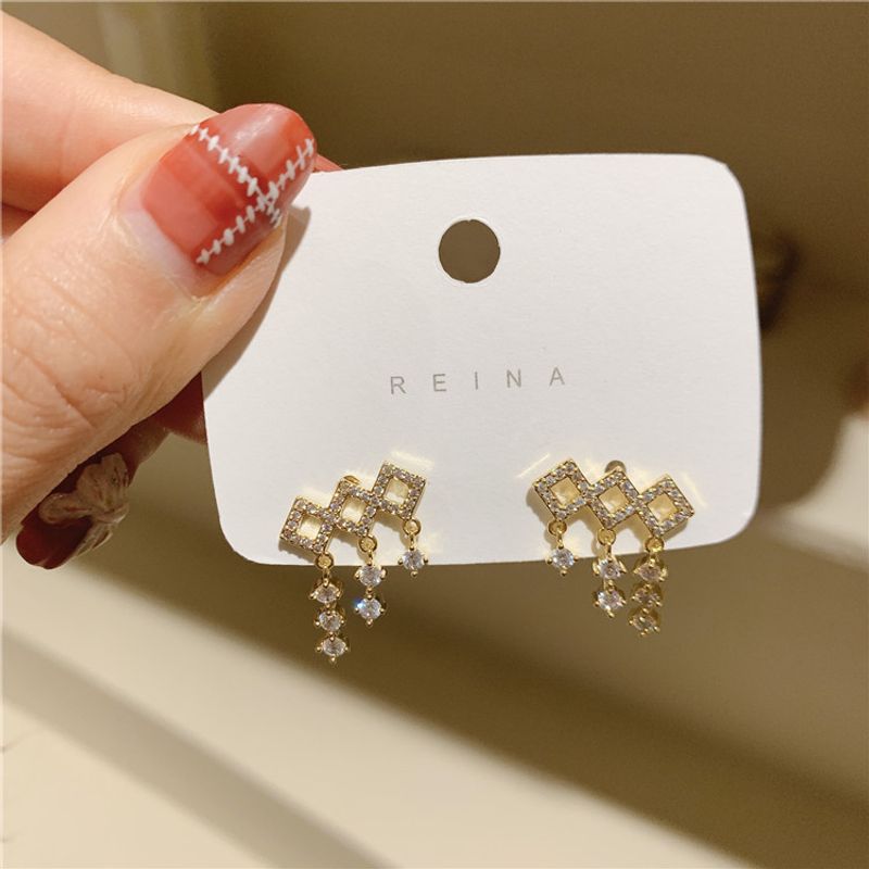 Fashion Micro-inlaid Zircon Square Tassel Geometric Earrings