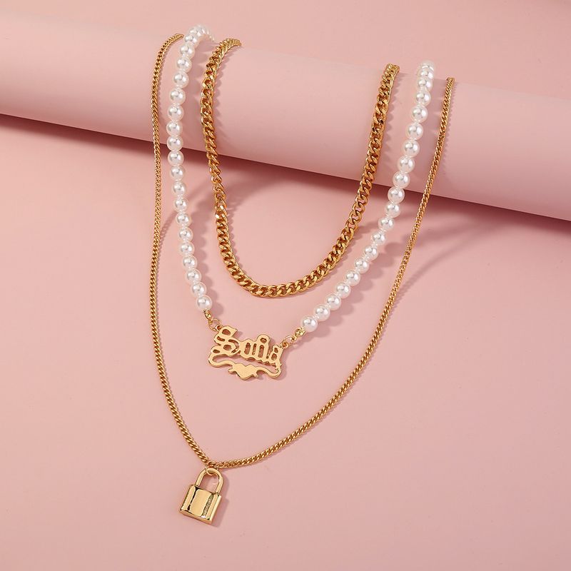 Fashion Smooth Lock-shaped Pearl Letter Multi-layer Necklace