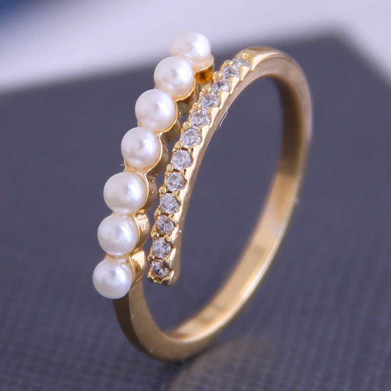 Korean Copper Inlaid Zirconium Pearl Open Ring
