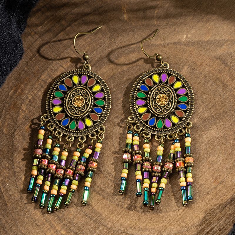 Boho Dripping Oil Beads Tassel Flower Earrings