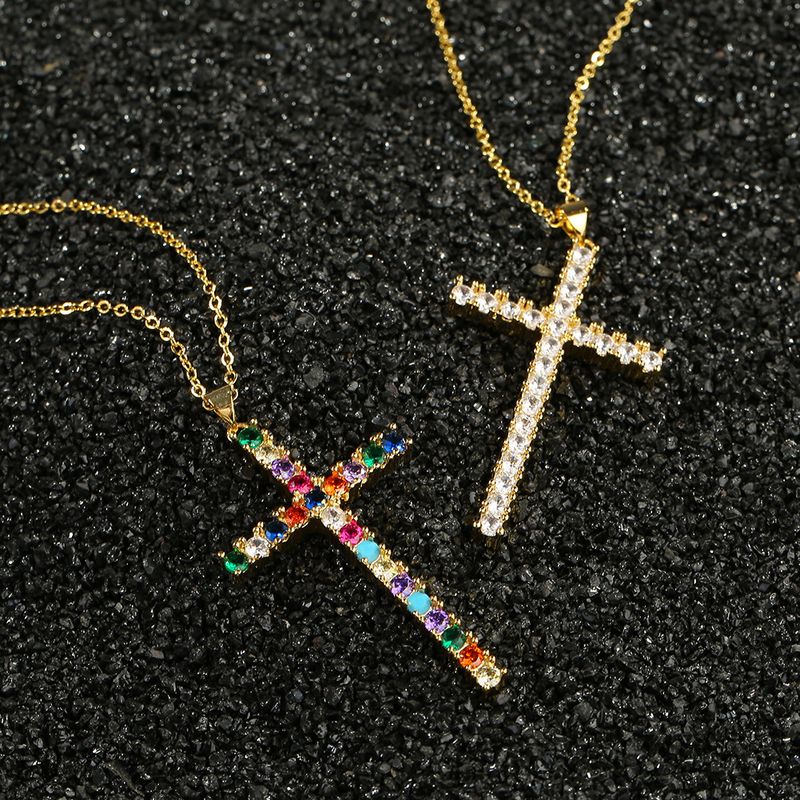 Copper Micro-inlaid Colorful Zircon Cross Pendant Necklace
