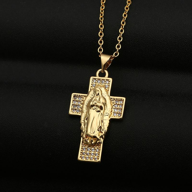 Collar De Circón De Cobre Con Colgante De Cruz De Virgen María