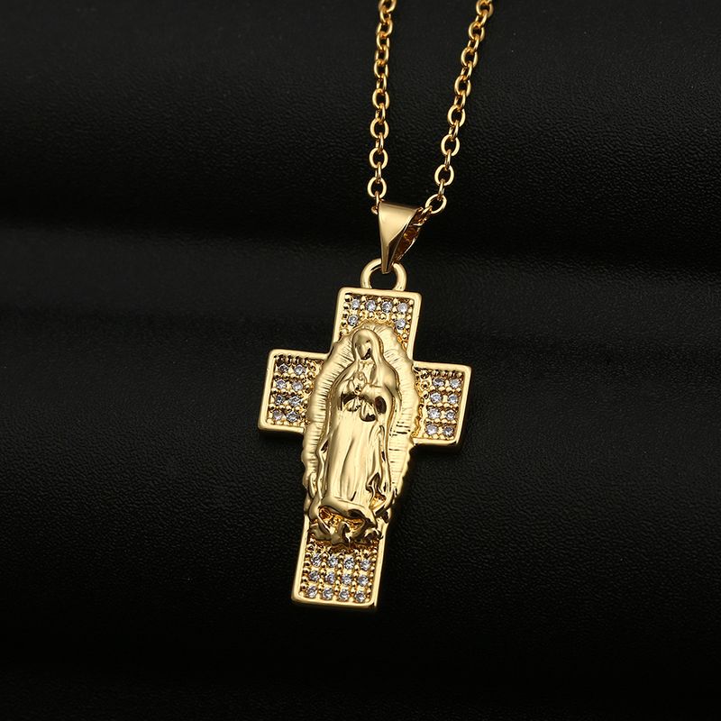 Virgin Mary Cross Pendant Copper Zircon Necklace