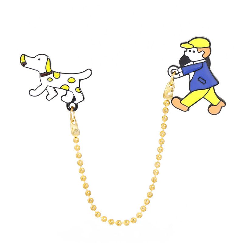 Cartoon Cute Boy Walking Dog Brooch