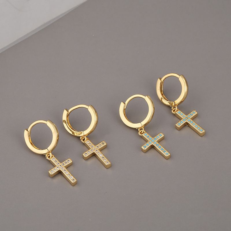 Copper Micro-inlaid Zircon Cross Earrings