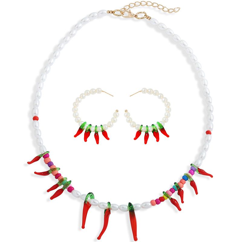 Za Mismo Diseño Collar Conjunto De Pendientes Elegante Collar De Perlas De Color Rojo Esmalte Pimienta Colgante Ornamentos