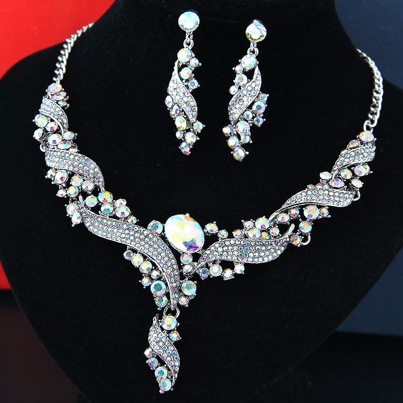 Fashion Sparkle Diamond Exaggerated Bridal Necklace Earrings Set
