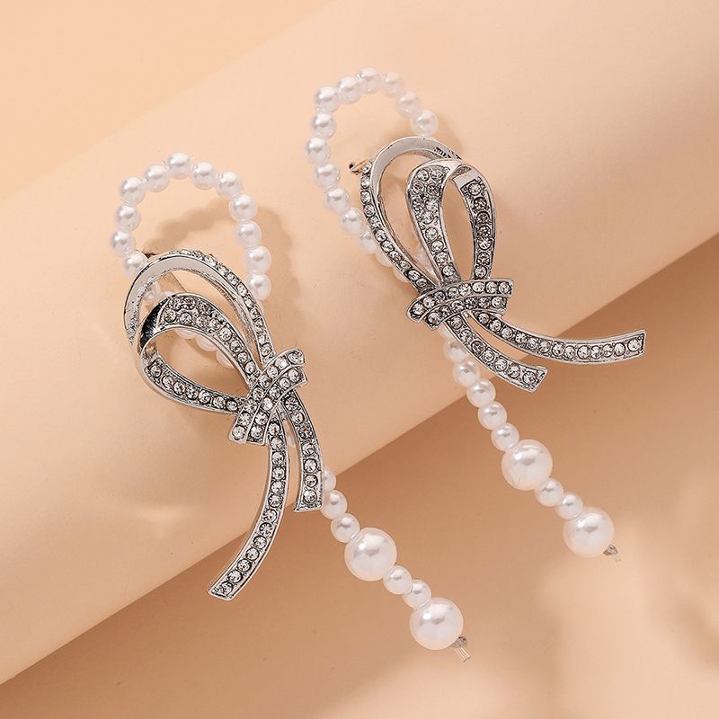 Fashion Rhinestone Pearl Bow Earrings