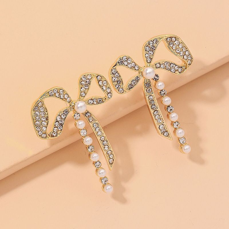 Korean Rhinestone Bow Pearl Earrings