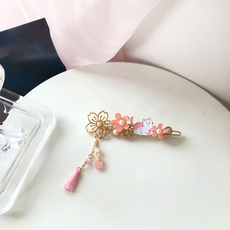 Fashion Pink Flower Tassel Kitty Hairpin
