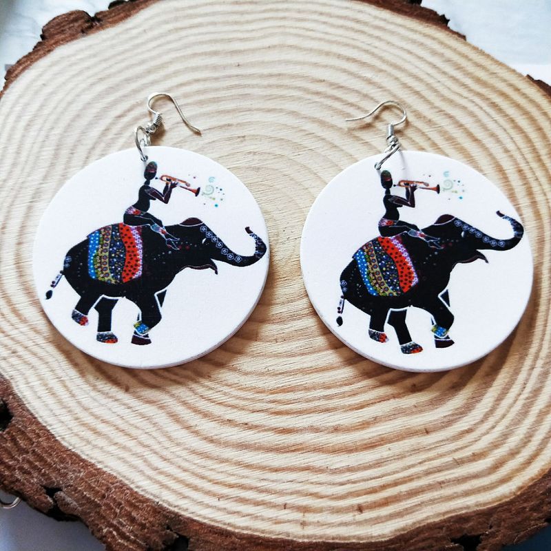 Wholesale Ethnic Printing Wooden Round Earrings