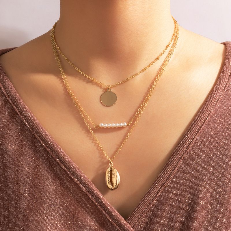 Einfache Disc Fashion Pearl Shell Dreischichtige Halskette