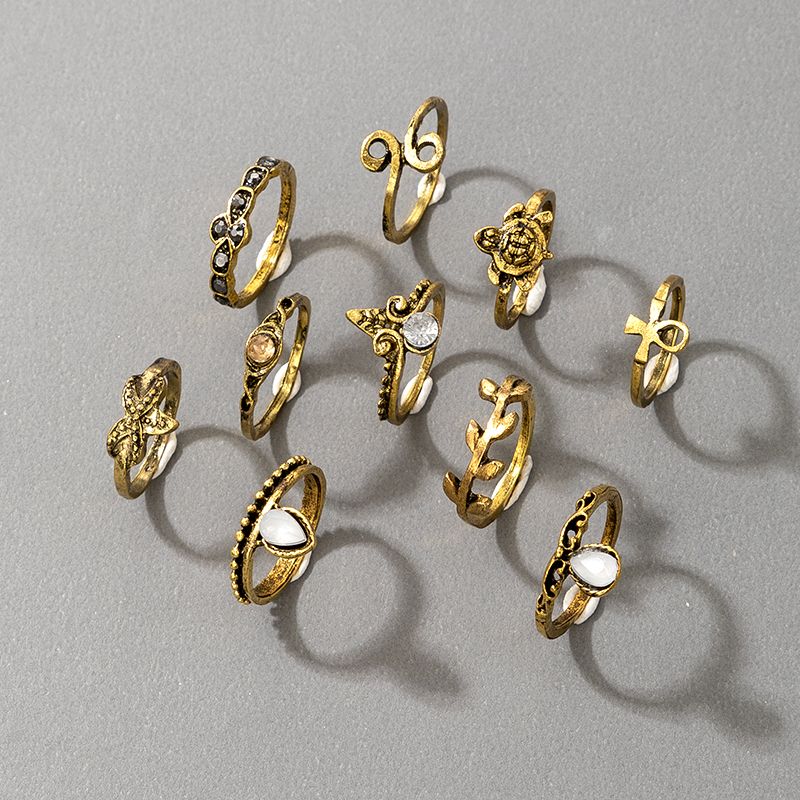 Retro Turtle Starfish Crown Leaf Antique Gold Ring 10-piece Set