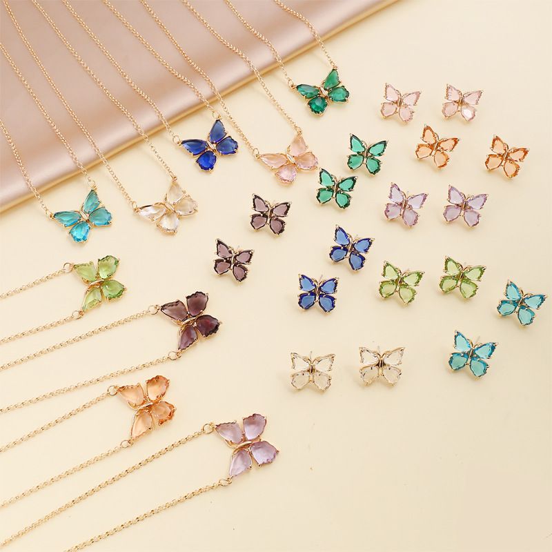Fashion Multicolor Zircon Butterfly Copper Necklace Earring