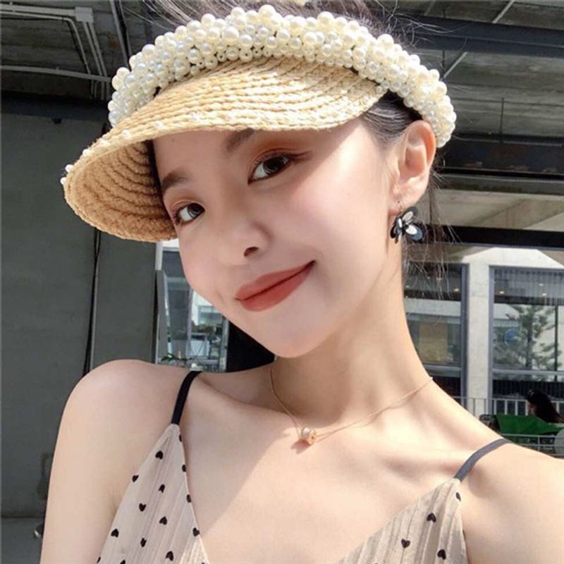 Korea Hand-sewn Pearl Empty Top Straw Hat