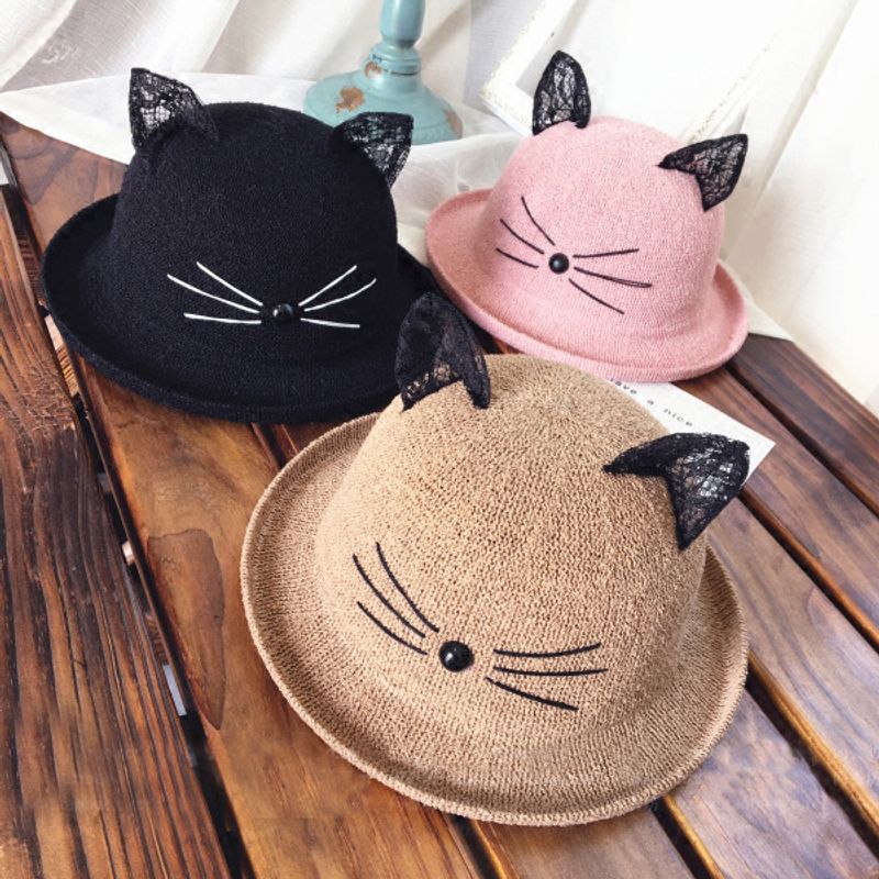 Korean Lace Cat Ears Sunshade Sunscreen Straw Hat