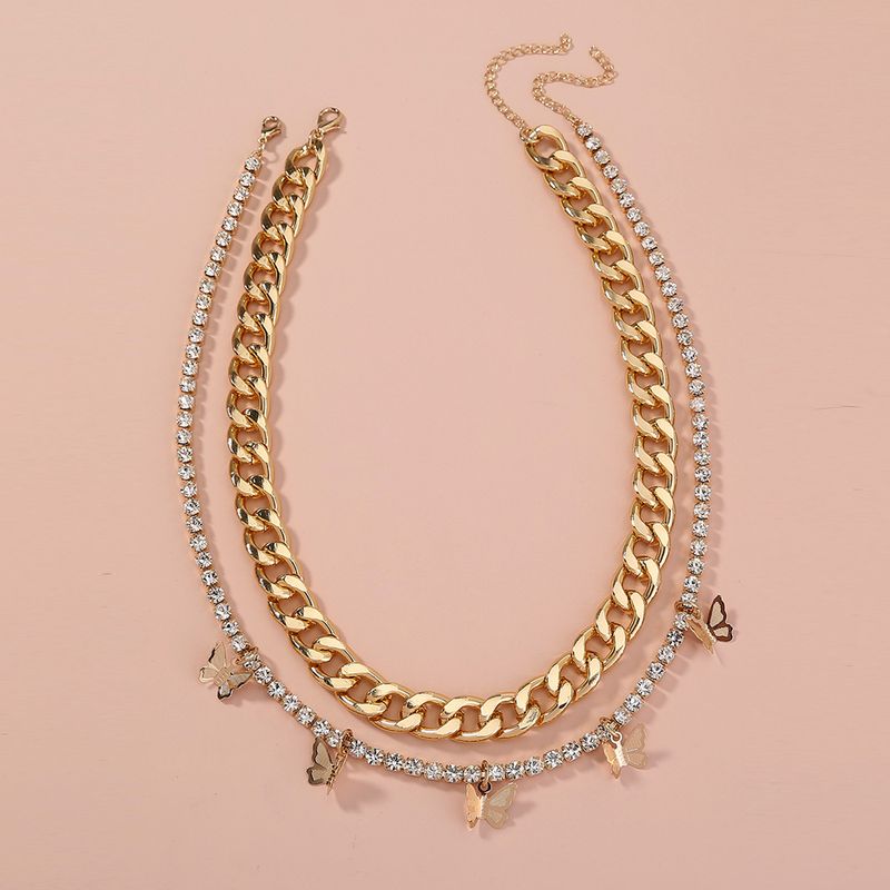 Fashion Thick Chain Rhinestone Butterfly Tassel Double Layer Necklace