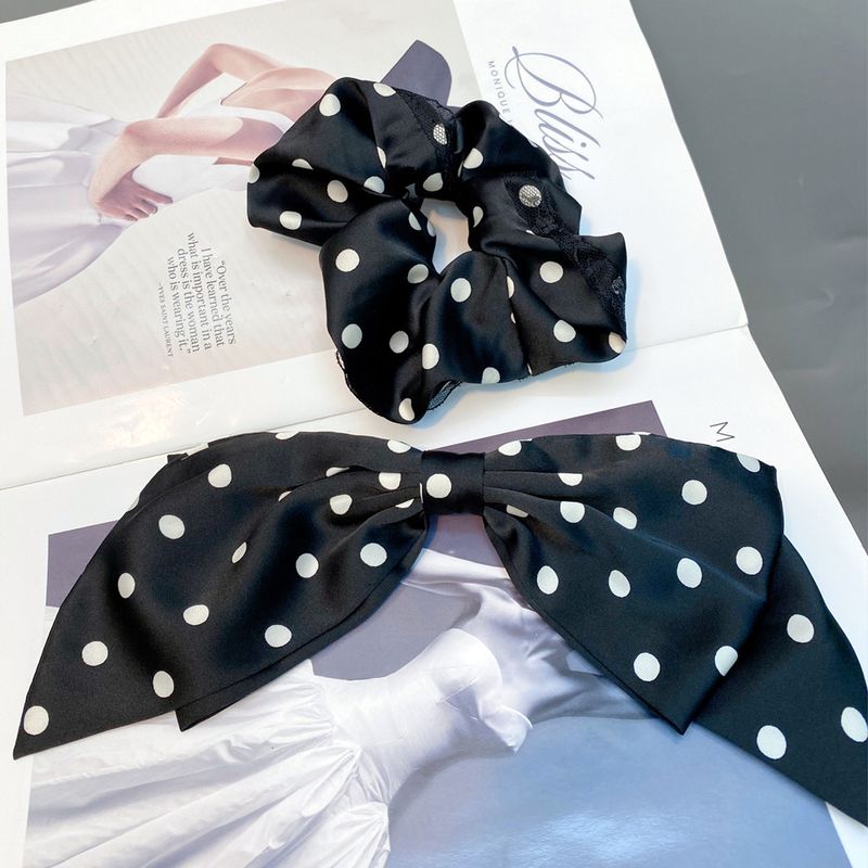 Fashion Polka Dot Satin Double Layer Large Bow Lace Hair Scrunchies