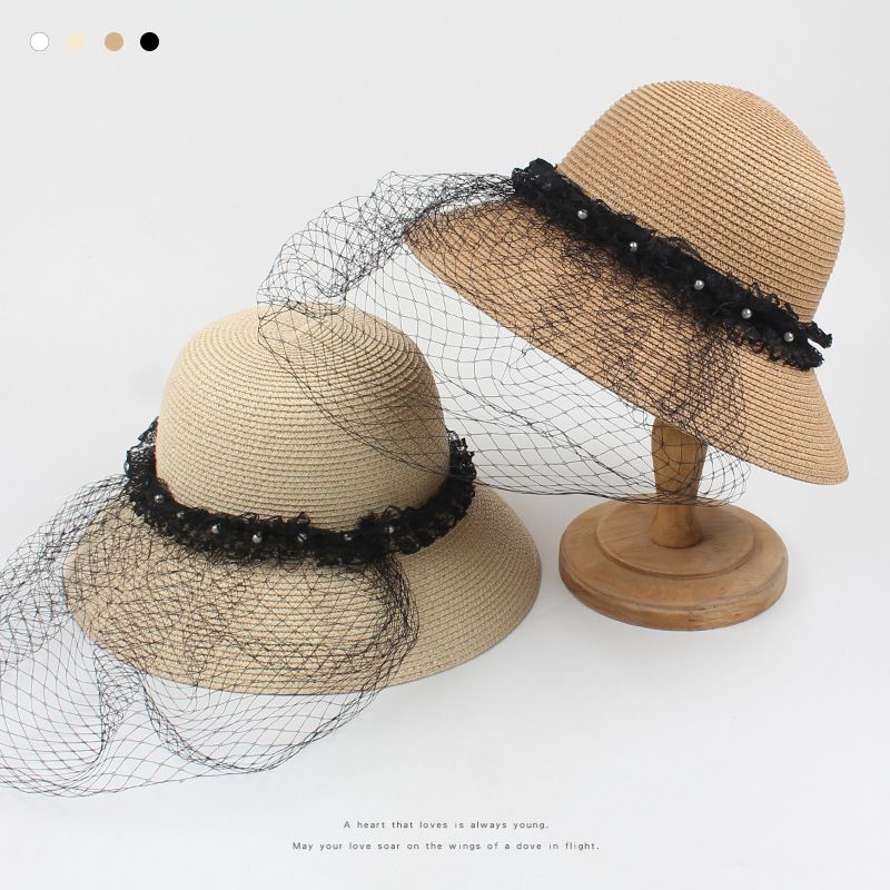 Fashion Pearl Net Yarn Sunshade Straw Fisherman Hat