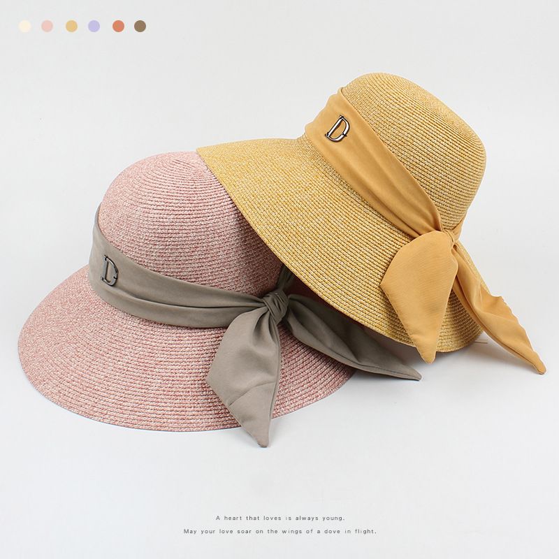 Korean Letter Mark Bow Sunscreen Straw Fisherman Hat