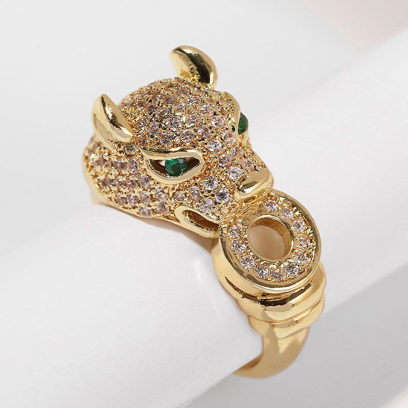 Fashion Copper Inlaid Zirconium Leopard Open Ring