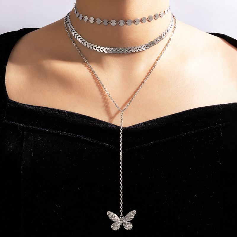Simple Butterfly Pendant Three-layer Necklace
