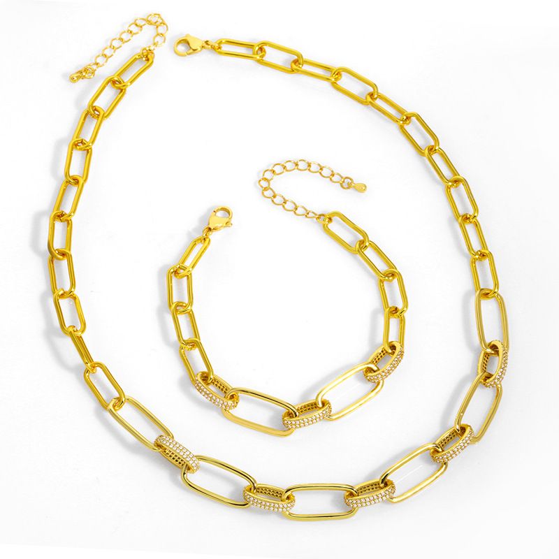 Hip Hop Geometric Diamond Copper Short Necklace Two-pieces Set