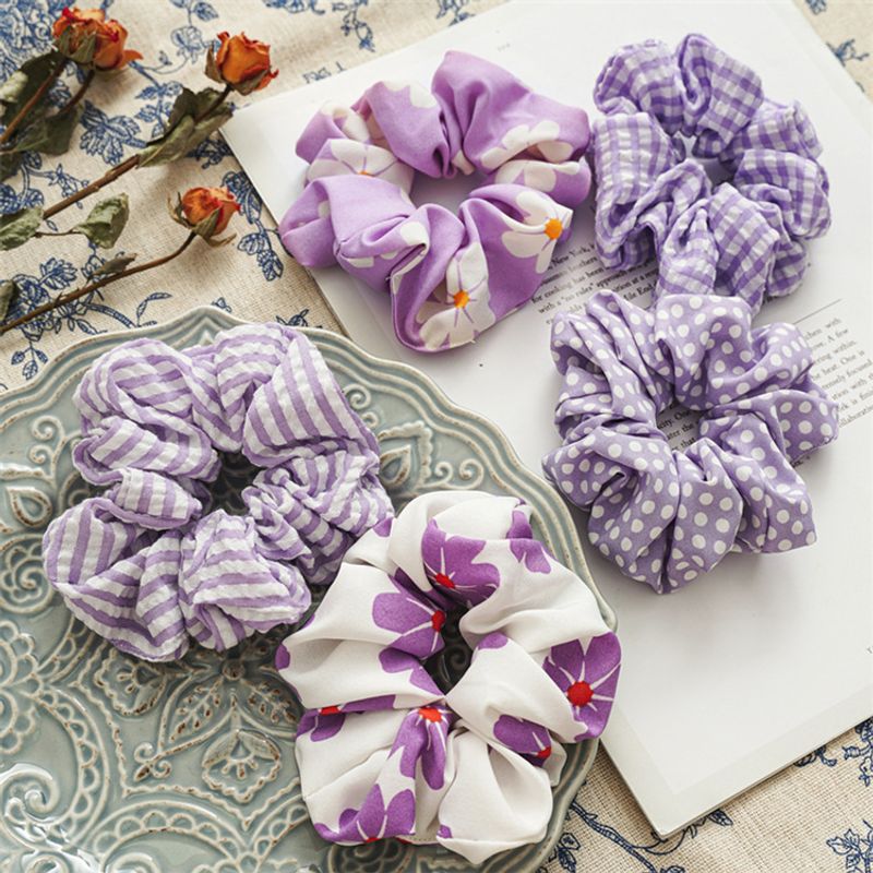 New Purple Simple Striped Floral Hair Scrunchies