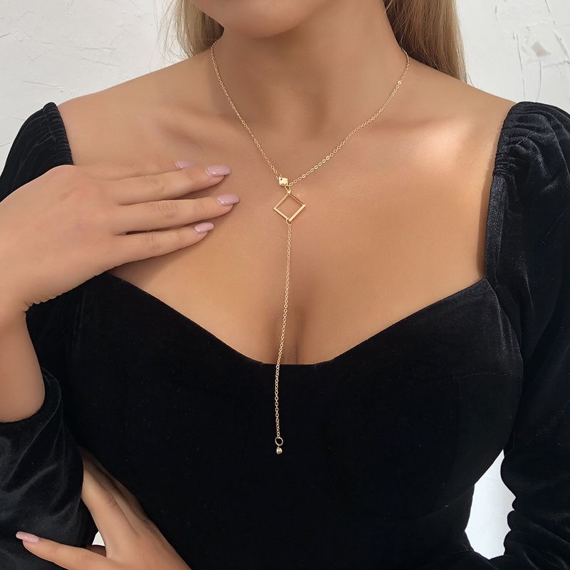 Simple Square Diamond Long Pendant Necklace