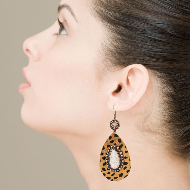 Exaggerated Drop-shaped Leather Leopard Earrings Alloy Inlaid White Turquoise Bronze Long Earrings