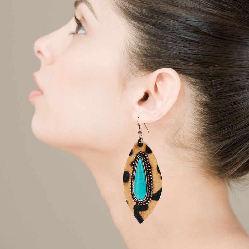 Exaggerated Drop-shaped Turquoise Leather Leopard Print Earrings