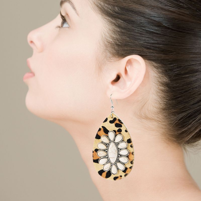 Bohemian Drop-shaped Leather Leopard Earrings Exaggerated White Turquoise Earrings