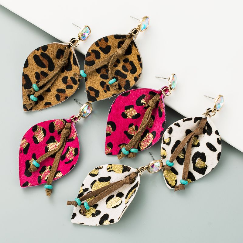 Geometric Leather Horsehair Leopard Print Bronzing Diamond Earrings