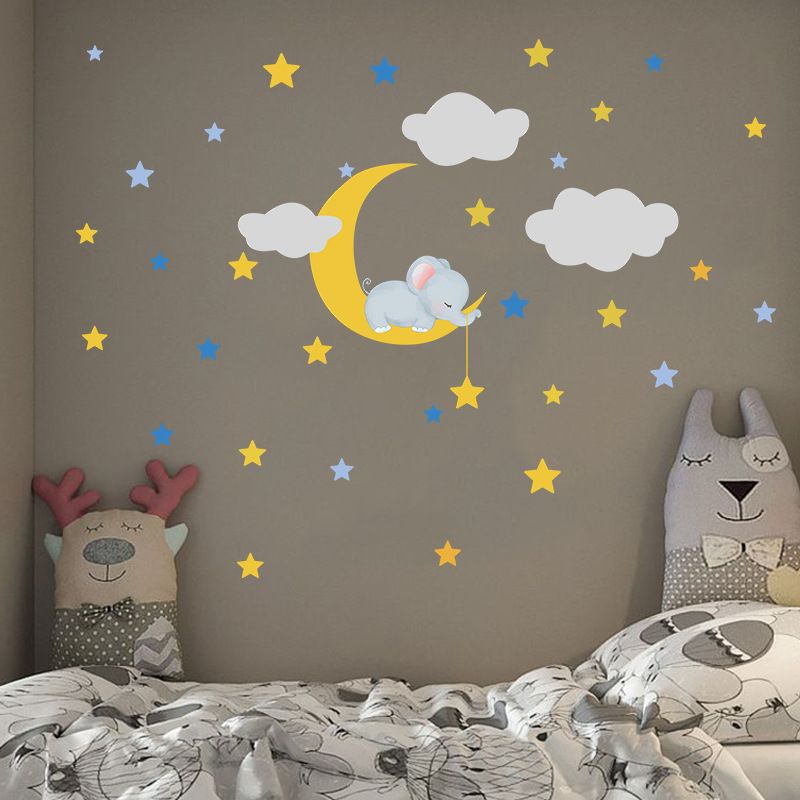 Dibujos Animados Bebé Elefante Luna Nubes Estrellas Pegatinas De Pared Para Habitación De Niños