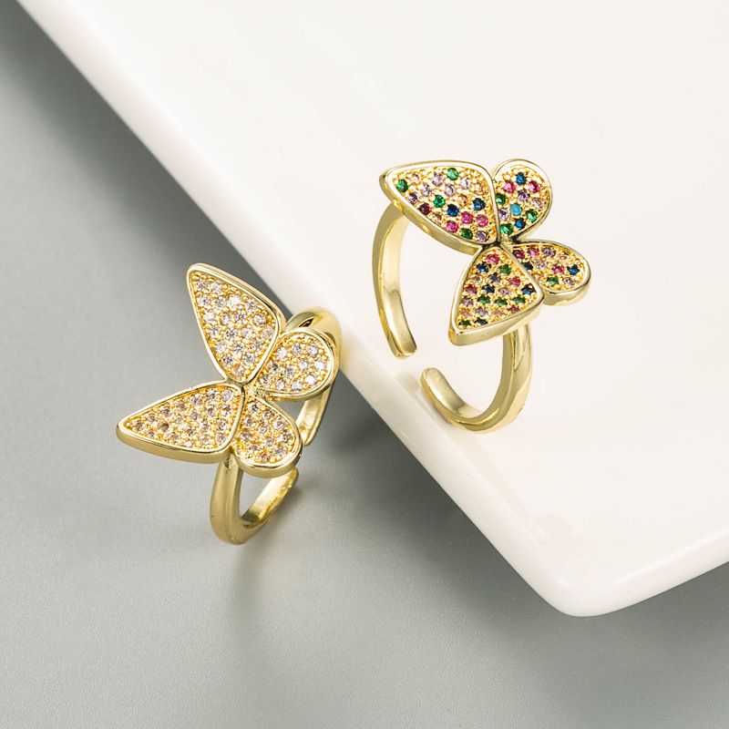 Anillo Abierto De Diamantes Chapado En Oro De Cobre Con Forma De Mariposa De Moda