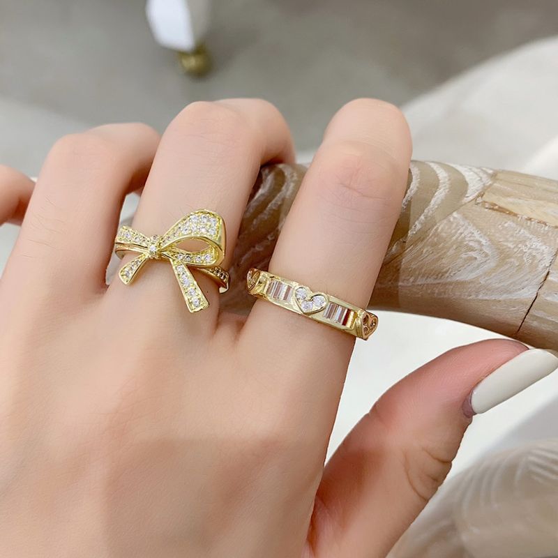 Fashion Gold-plated Micro-inlaid Zircon Bow Heart-shaped Open Ring