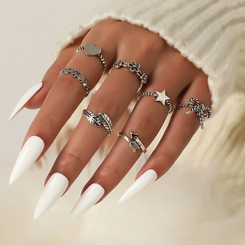 Retro Style Fashion New Simple Silver Bow Peach Heart Ring Set