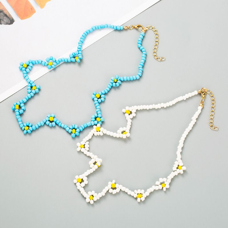 Collier Court Géométrique En Perles Miyuki Bleues Blanches À La Mode