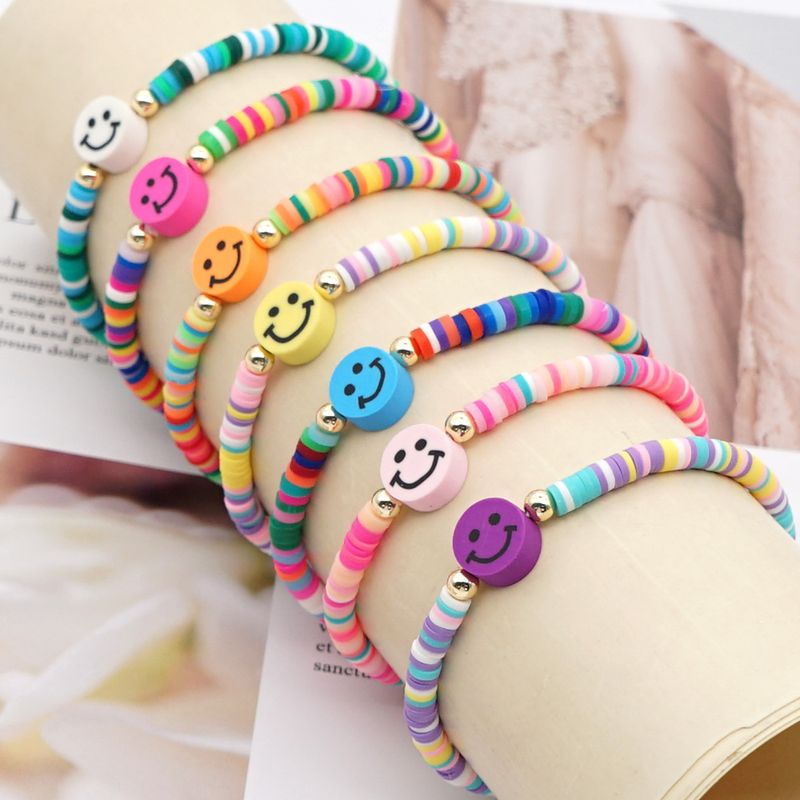 Fashion Rainbow Soft Ceramic Beaded Multicolor Smiley Face Bracelet