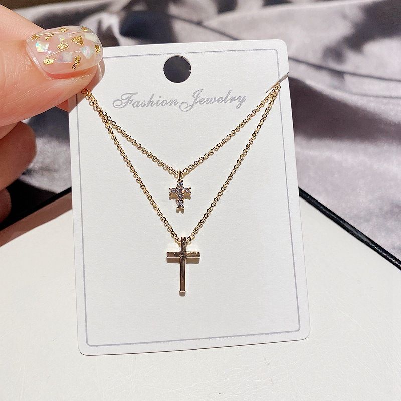 Fashion Cross Double-layer Copper Inlaid Zircon Necklace Wholesale