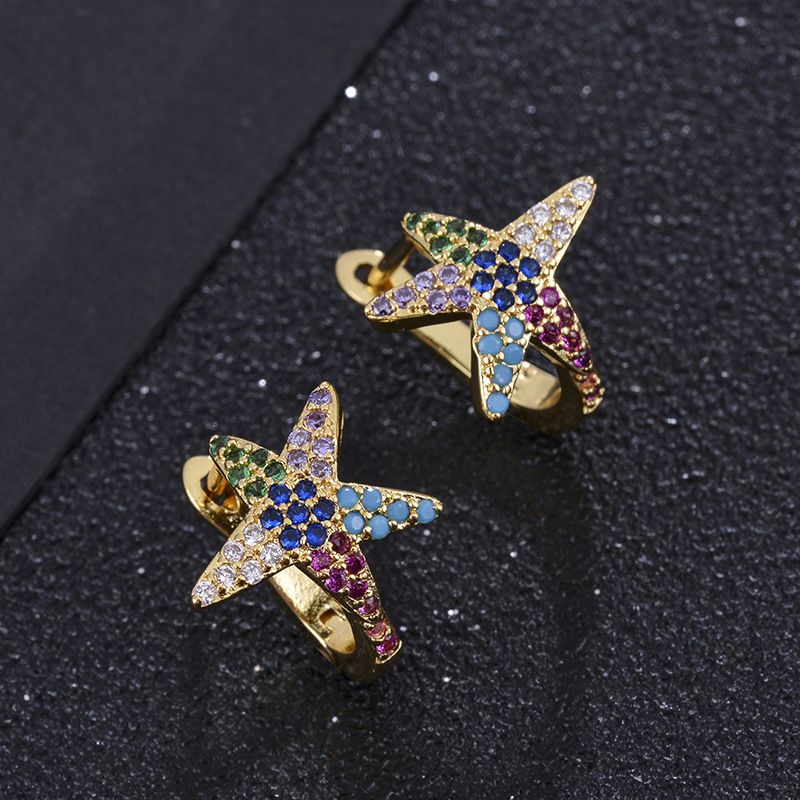 Pendientes De Estrella De Mar De Circonio De Color Microincrustado Chapado En Oro De Moda