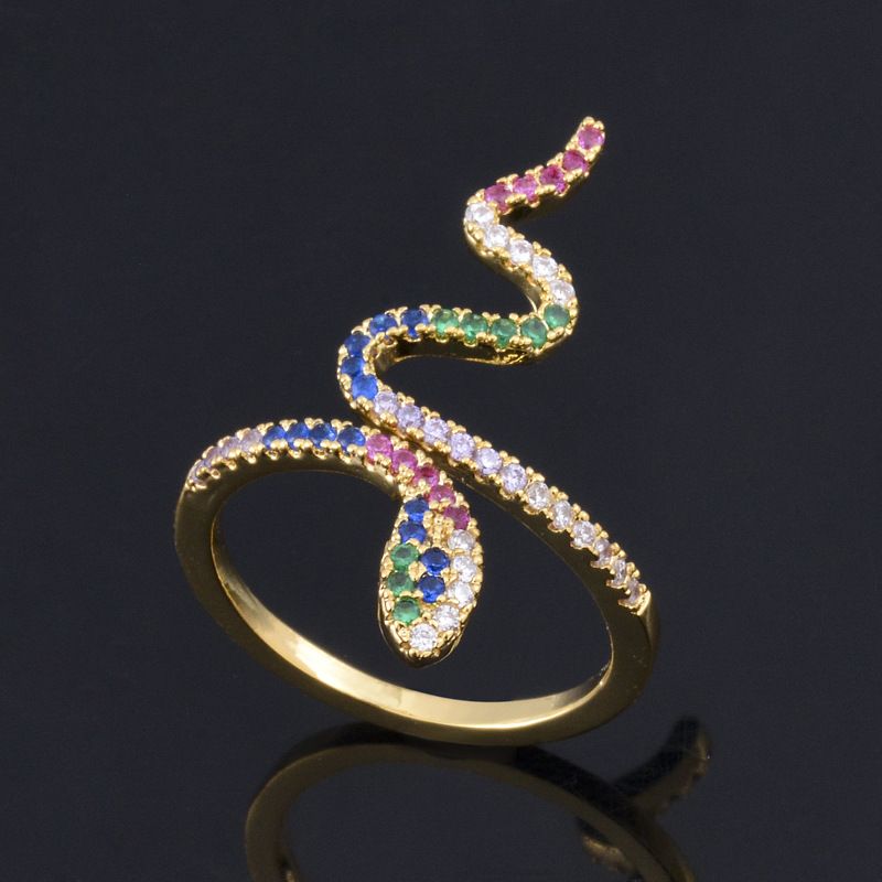 Anillo Abierto En Forma De Serpiente Con Micro Incrustaciones De Circón Colorido De Moda Al Por Mayor