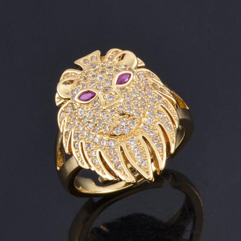 Fashion Real Gold-plated Copper Micro-inlaid Leopard Lion Head Ring
