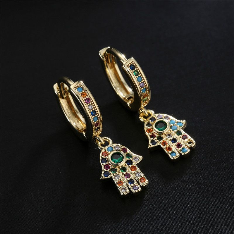 Fashion Simple Style Copper Micro-inlaid Color Zirconium Palm Earrings