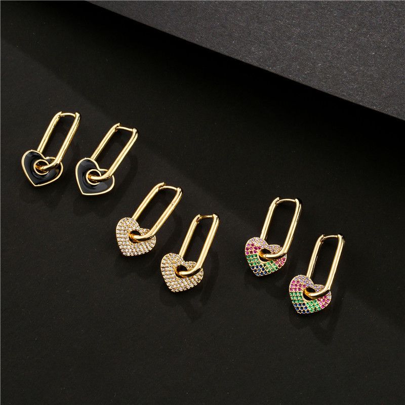 Cross-border New 18k Gold Copper Micro-inlaid Earrings European And American Famous Dripping Oil Heart Earrings  Hot Sale At