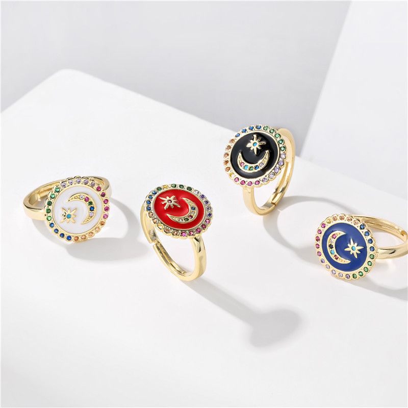 Fashion Oil Drop Moon Star Micro-inlaid Color Zirconium Opening Ring