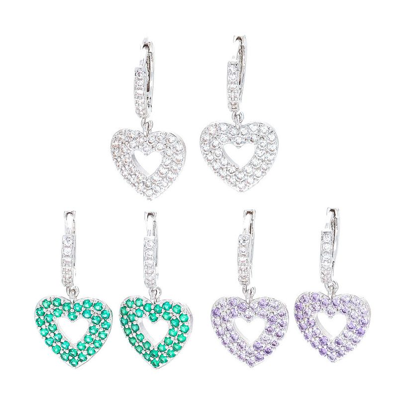 Korean Hollow Green Zircon Peach Heart-shaped Earrings Wholesale